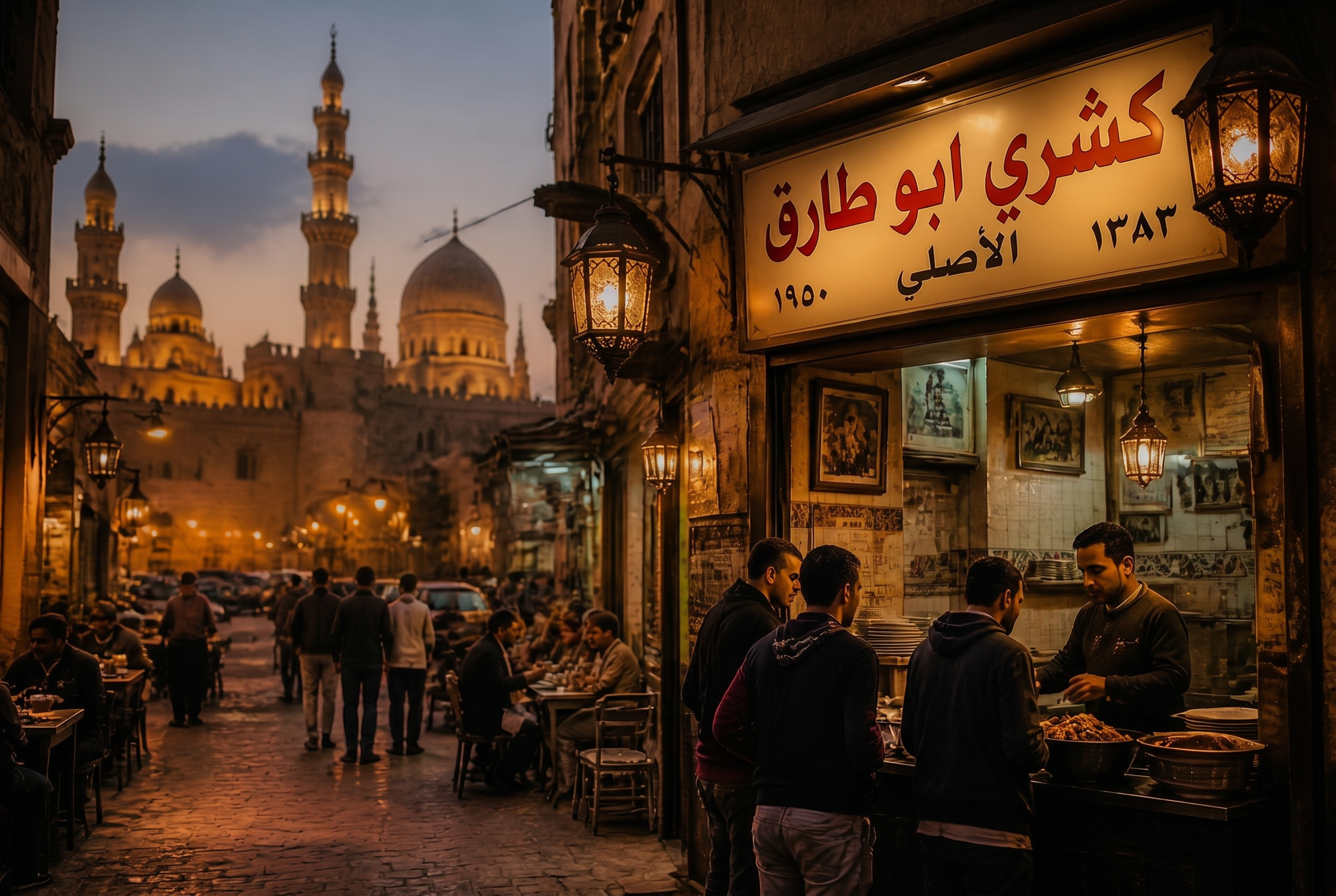 A bustling Cairo street at dusk