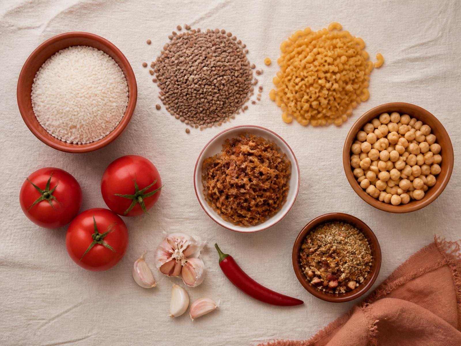 The eight koshary ingredients laid out separately