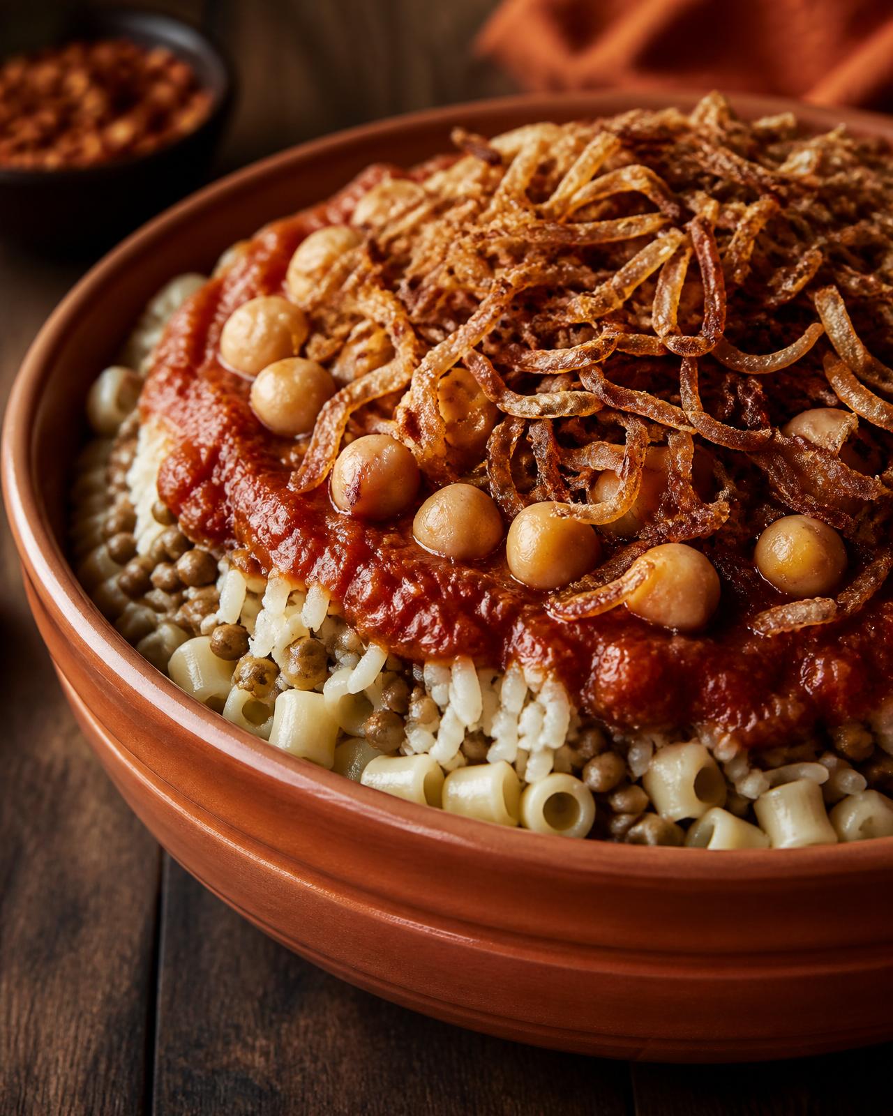 A layered bowl of Egyptian koshary