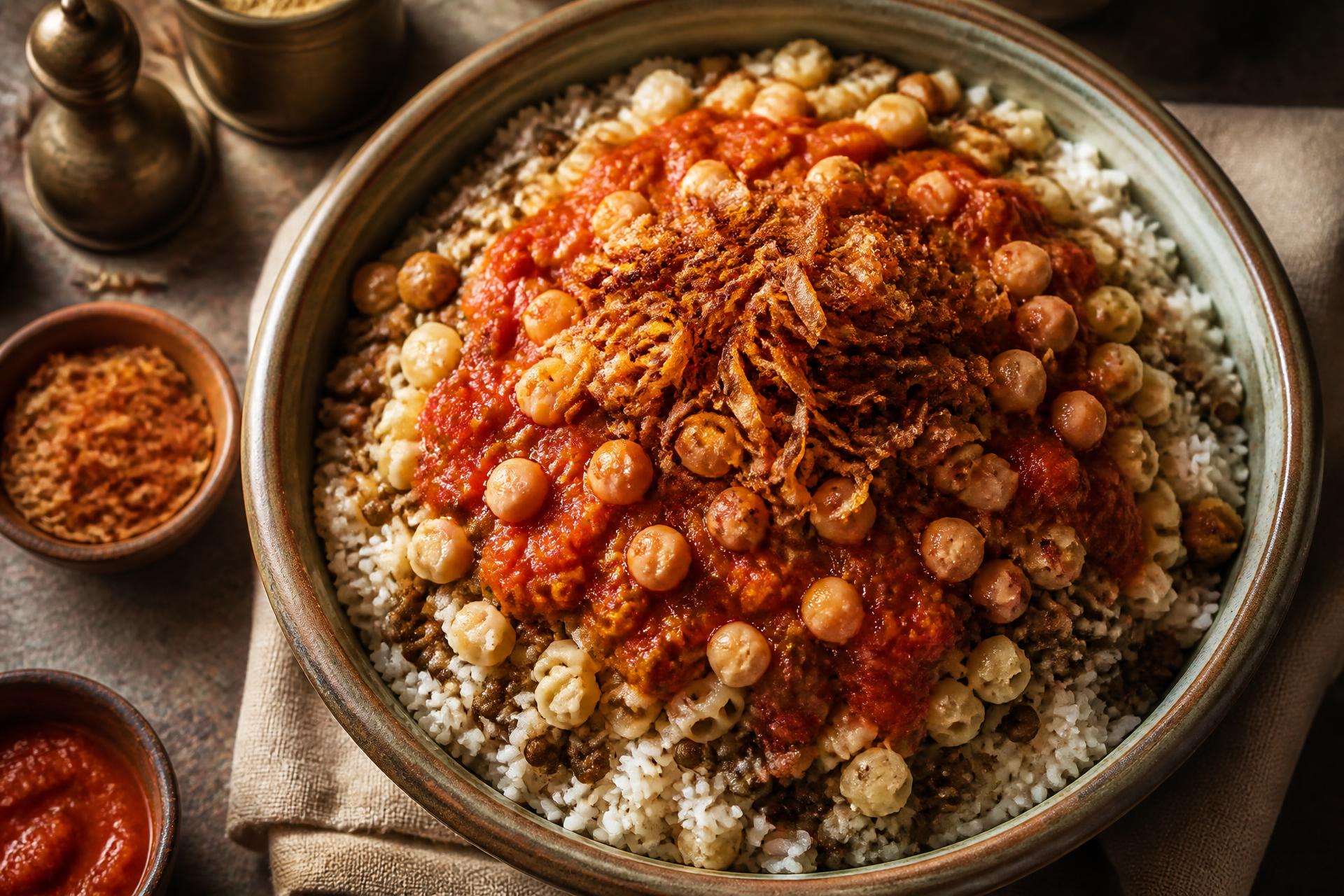 A close-up bowl of Egyptian koshary with tomato sauce, chickpeas and crispy onions